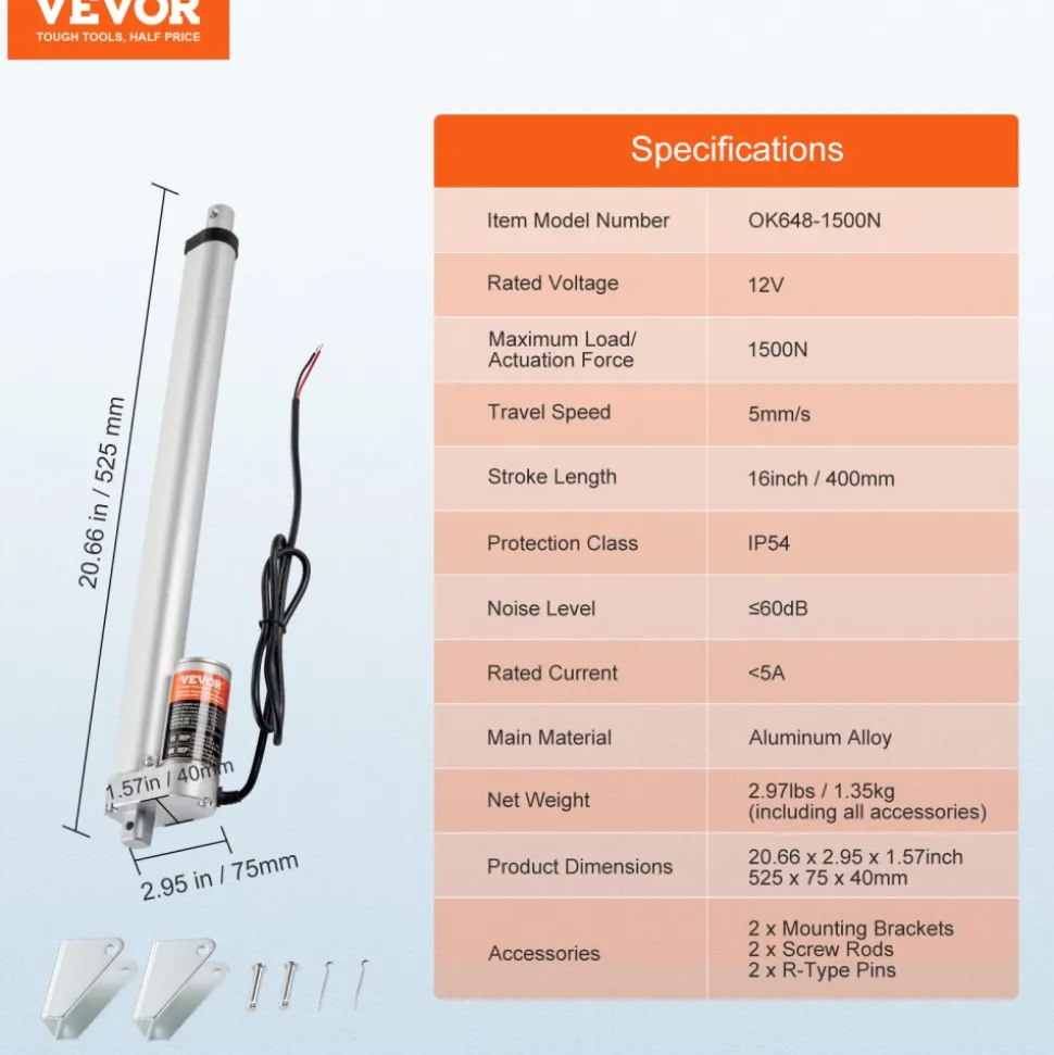 VEVOR Linear Actuator 12V, 16 Inch High Load 330lbs/1500N Linear Actuator, 0.19"/s Linear Motion Actuator with Mounting Bracket and IP54 Protection