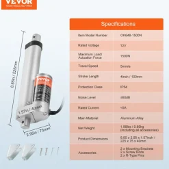 VEVOR Linear Actuator 12V, 4 Inch High Load 330lbs/1500N Linear Actuator, 0.19