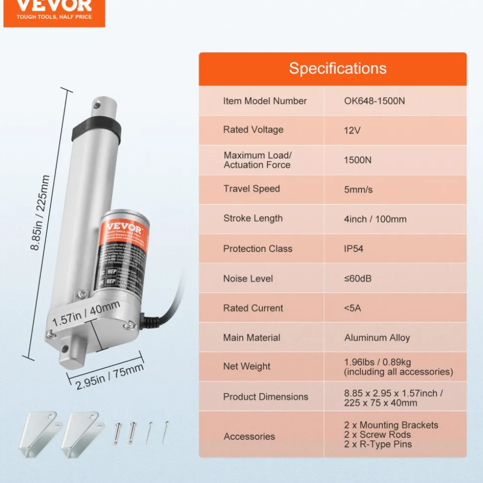 VEVOR Linear Actuator 12V, 4 Inch High Load 330lbs/1500N Linear Actuator, 0.19"/s Linear Motion Actuator with Mounting Bracket and IP54 Protection