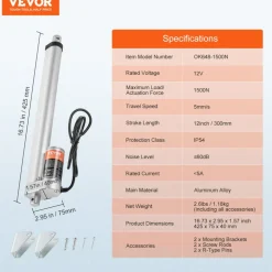 VEVOR Linear Actuator 12V, 12 Inch High Load 330lbs/1500N Linear Actuator, 0.19