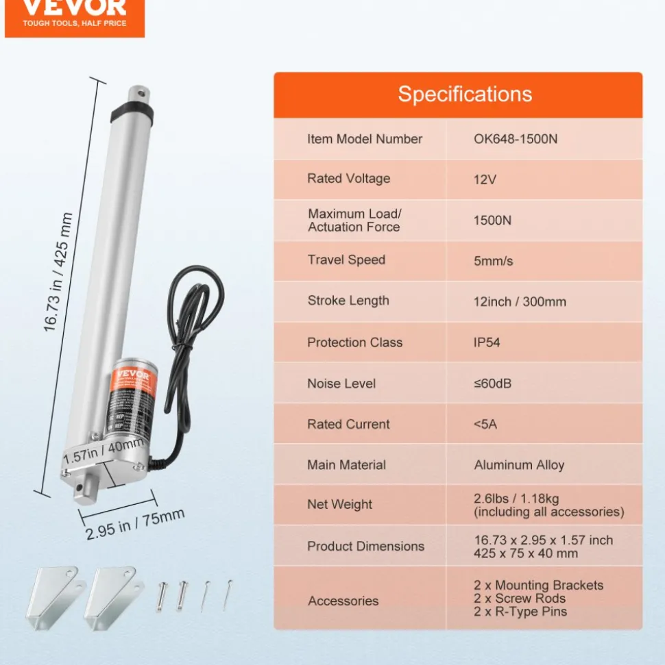 VEVOR Linear Actuator 12V, 12 Inch High Load 330lbs/1500N Linear Actuator, 0.19"/s Linear Motion Actuator with Mounting Bracket and IP54 Protection