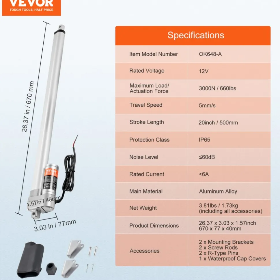 VEVOR Linear Actuator 12V, 20 Inch Waterproof IP65 Linear Actuator, 660lbs/3000N 0.19"/s Linear Motion Actuator with Mounting Bracket for Outdoor Use