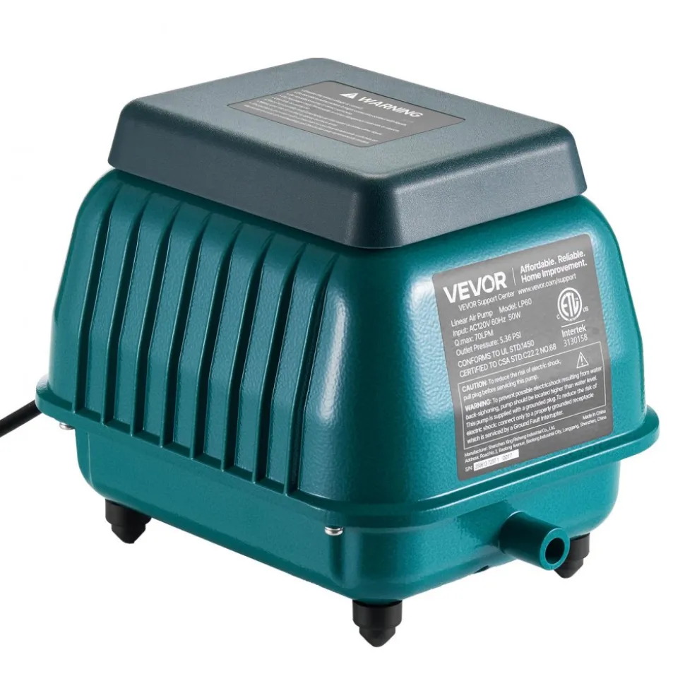 VEVOR Linear Air Pump, 1110 GPH Air Flow, Septic Aerator Pump, Aeration System for 10 ft Deep Ponds, Fit for Septic Tanks, Aquariums, Waste Treatment, Seafood Restaurants, Fish Farms, Hydroponics