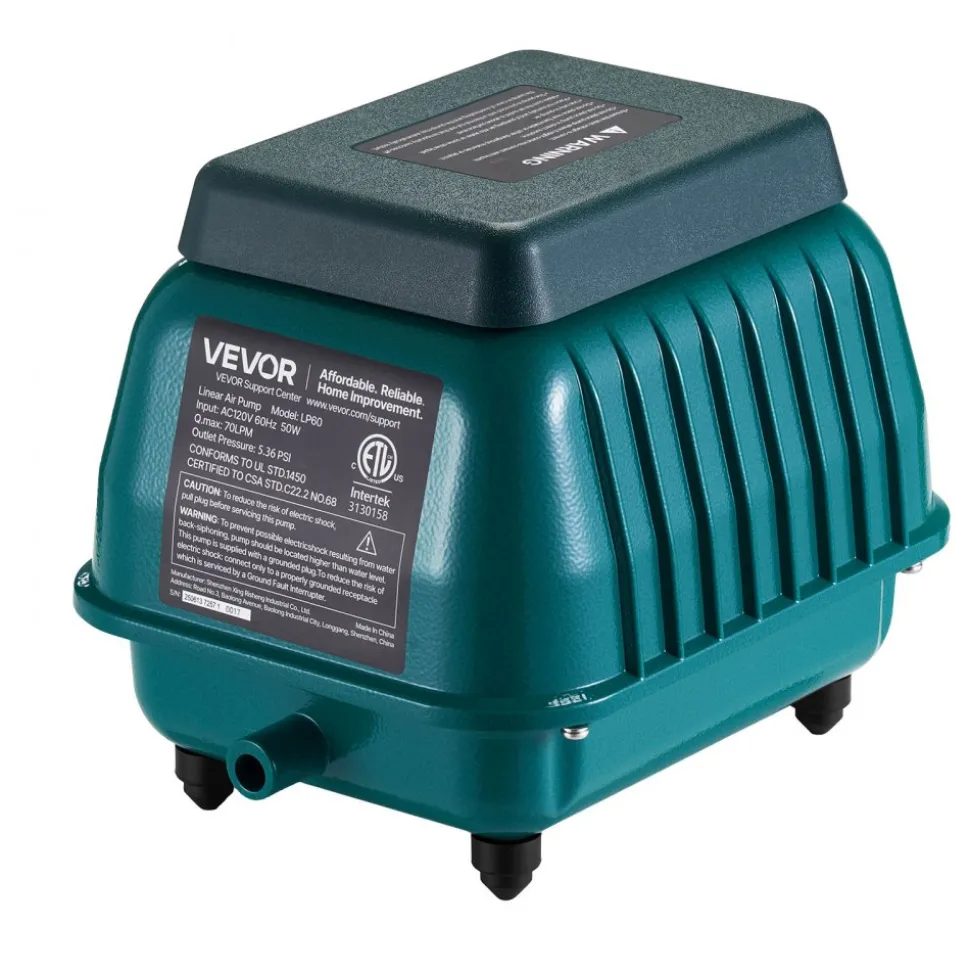 VEVOR Linear Air Pump, 1110 GPH Air Flow, Septic Aerator Pump, Aeration System for 10 ft Deep Ponds, Fit for Septic Tanks, Aquariums, Waste Treatment, Seafood Restaurants, Fish Farms, Hydroponics