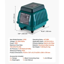 VEVOR Linear Air Pump, 1110 GPH Air Flow, Septic Aerator Pump, Aeration System for 10 ft Deep Ponds, Fit for Septic Tanks, Aquariums, Waste Treatment, Seafood Restaurants, Fish Farms, Hydroponics