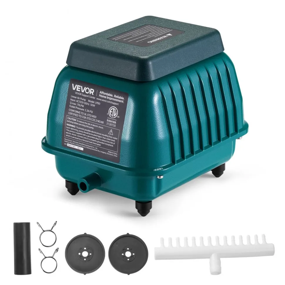 VEVOR Linear Air Pump, 1110 GPH Air Flow, Septic Aerator Pump, Aeration System for 10 ft Deep Ponds, Fit for Septic Tanks, Aquariums, Waste Treatment, Seafood Restaurants, Fish Farms, Hydroponics