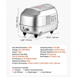 VEVOR Linear Air Pump, 792.52 GPH Air Flow, Septic Aerator Pump, Aeration System for 8 ft Deep Ponds, Fit for Septic Tanks, Aquariums, Waste Treatment, Seafood Restaurants, Fish Farms, Hydroponics