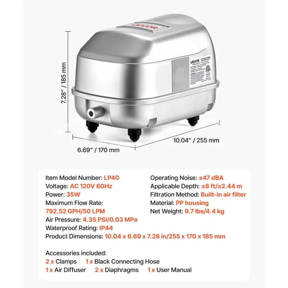 VEVOR Linear Air Pump, 792.52 GPH Air Flow, Septic Aerator Pump, Aeration System for 8 ft Deep Ponds, Fit for Septic Tanks, Aquariums, Waste Treatment, Seafood Restaurants, Fish Farms, Hydroponics