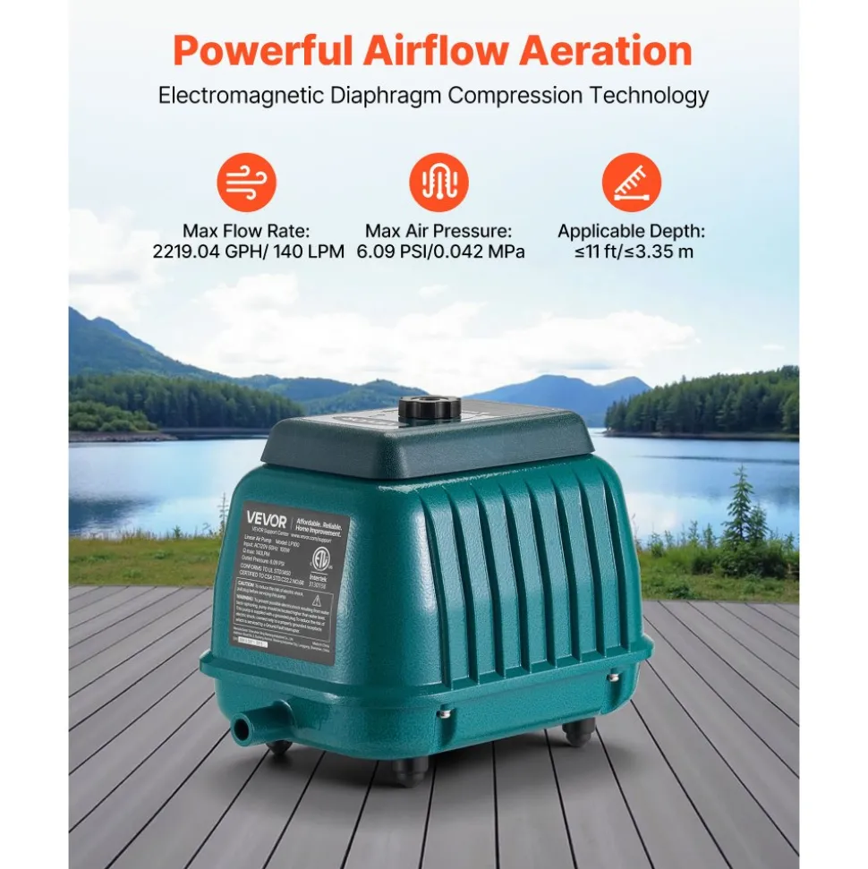 VEVOR Linear Air Pump, 2219.04 GPH Air Flow, Septic Aerator Pump, Aeration System for 11 ft Deep Ponds, Fit for Septic Tanks, Aquariums, Waste Treatment, Seafood Restaurants, Fish Farms, Hydroponics