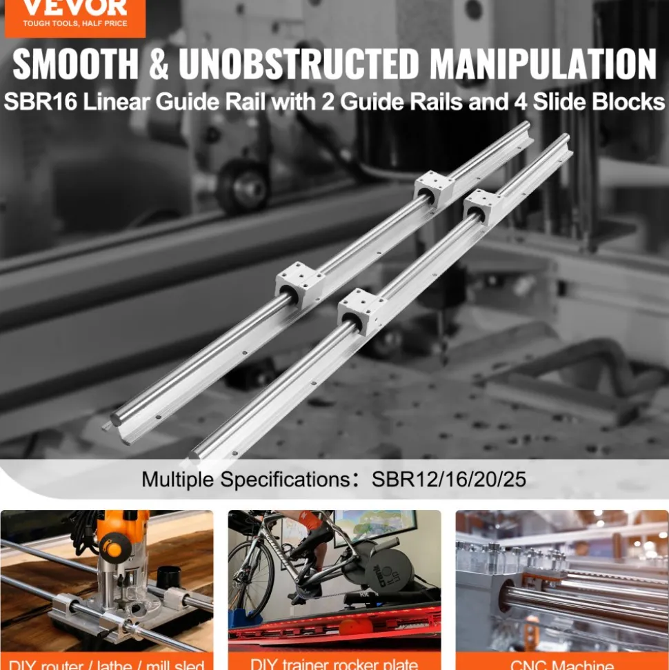 VEVOR Linear Guide Rail Set, SBR16 1000mm, 2 PCS 39.4 in/1000 mm SBR16 Guide Rails and 4 PCS SBR16UU Slide Blocks, Linear Rails and Bearings Kit for Automated Machines DIY Project CNC Router Machines