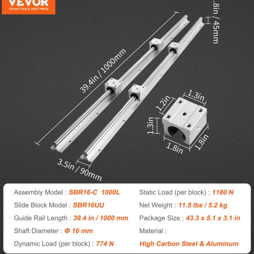 VEVOR Linear Guide Rail Set, SBR16 1000mm, 2 PCS 39.4 in/1000 mm SBR16 Guide Rails and 4 PCS SBR16UU Slide Blocks, Linear Rails and Bearings Kit for Automated Machines DIY Project CNC Router Machines