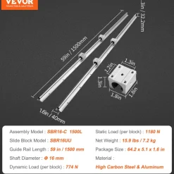 VEVOR Linear Guide Rail Set, SBR16 1500mm, 2 PCS 59 in/1500 mm SBR16 Guide Rails and 4 PCS SBR16UU Slide Blocks, Linear Rails and Bearings Kit for Automated Machines DIY Project CNC Router Machines