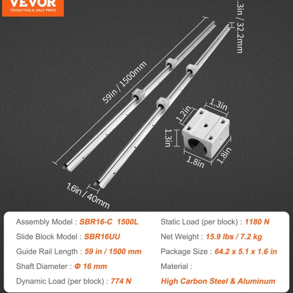 VEVOR Linear Guide Rail Set, SBR16 1500mm, 2 PCS 59 in/1500 mm SBR16 Guide Rails and 4 PCS SBR16UU Slide Blocks, Linear Rails and Bearings Kit for Automated Machines DIY Project CNC Router Machines