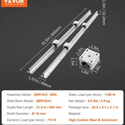 VEVOR Linear Guide Rail Set, SBR16 800mm, 2 PCS 31.5 in/800 mm SBR16 Guide Rails and 4 PCS SBR16UU Slide Blocks, Linear Rails and Bearings Kit for Automated Machines DIY Project CNC Router Machines
