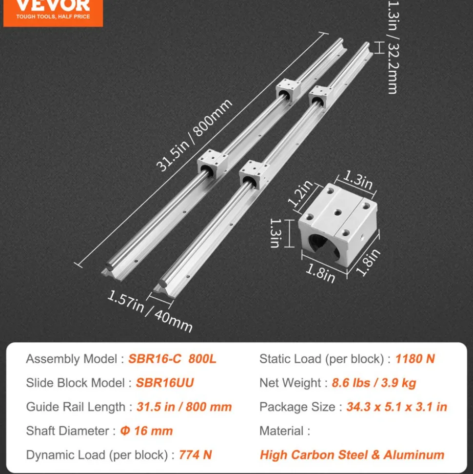 VEVOR Linear Guide Rail Set, SBR16 800mm, 2 PCS 31.5 in/800 mm SBR16 Guide Rails and 4 PCS SBR16UU Slide Blocks, Linear Rails and Bearings Kit for Automated Machines DIY Project CNC Router Machines