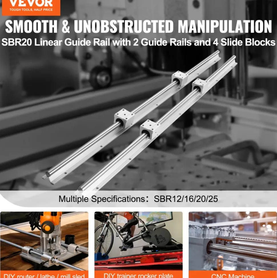 VEVOR Linear Motion Guide Kit, SBR20 1800mm, Includes 2 PCS 70.9 in/1800 mm SBR20 Rails and 4 PCS SBR20UU Bearing Blocks, Ideal for CNC Machines, Automation Equipment, and DIY Projects