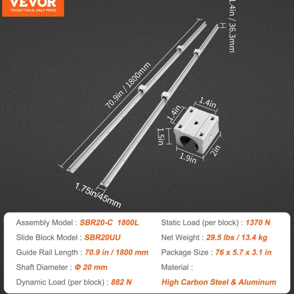 VEVOR Linear Motion Guide Kit, SBR20 1800mm, Includes 2 PCS 70.9 in/1800 mm SBR20 Rails and 4 PCS SBR20UU Bearing Blocks, Ideal for CNC Machines, Automation Equipment, and DIY Projects