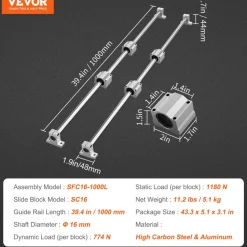 VEVOR Linear Motion Kit, SFC16 1000mm, Includes 2 Rails of 39.4 inches, 4 SC16 Carriage Blocks, and 4 Support Brackets, Ideal for CNC and Automation Projects