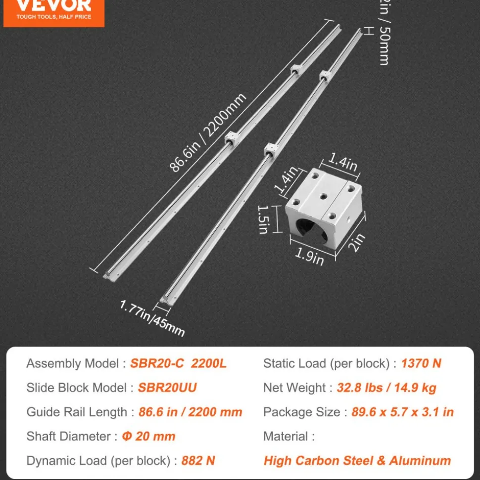 VEVOR Linear Motion Set, SBR20 2200mm, Comes with Two 86.6-inch SBR20 Rails & Four SBR20UU Blocks, Ideal for DIY CNC & Automated Projects
