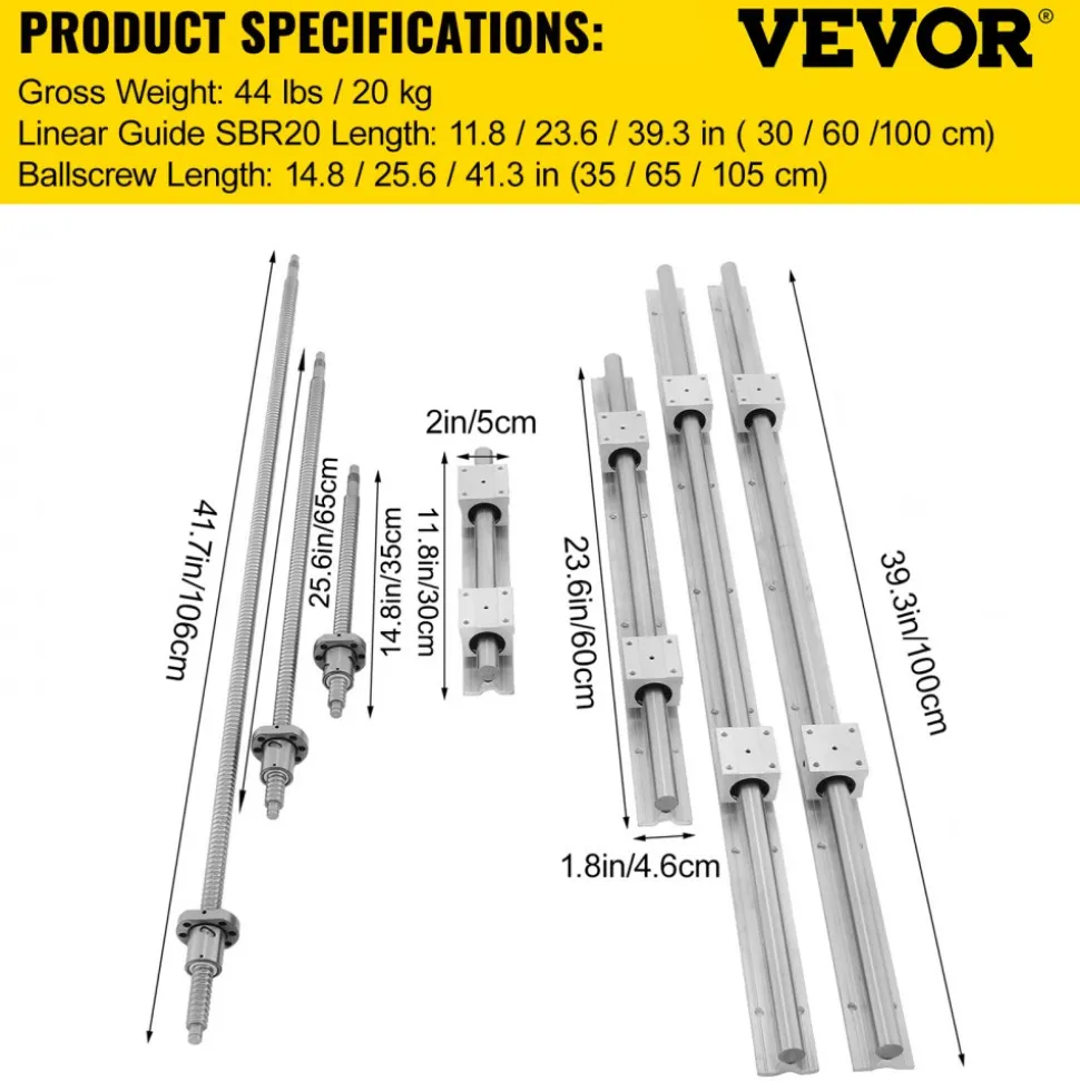 VEVOR Linear Rail, Ballscrew x 3, RM1605-350mm 650mm 1050mm x 2 Linear Rail Support, 12 CNC Kit Linear Shaft Optical Axis