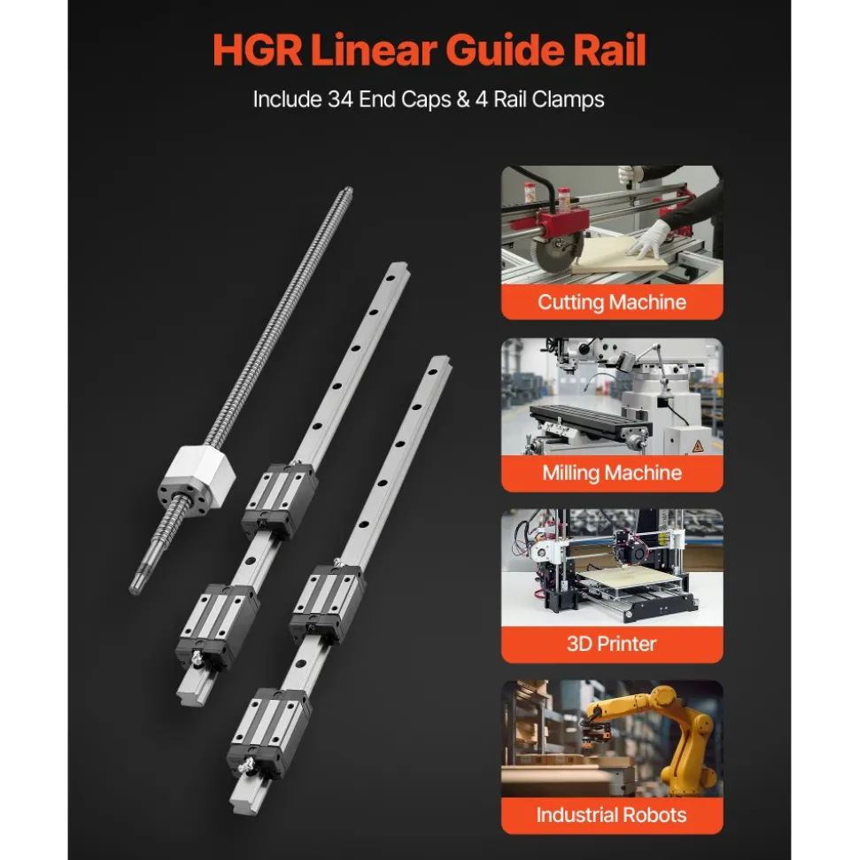 VEVOR Linear Rail Guide Kit, HGR20, 2PCS 600 mm (23.62 inch) Linear Rails and 1PCS Ball Screw, 4PCS Slide Blocks, with BF12/BK12 End Support, Coupling, and Nut Housing, for DIY CNC Routers Lathes