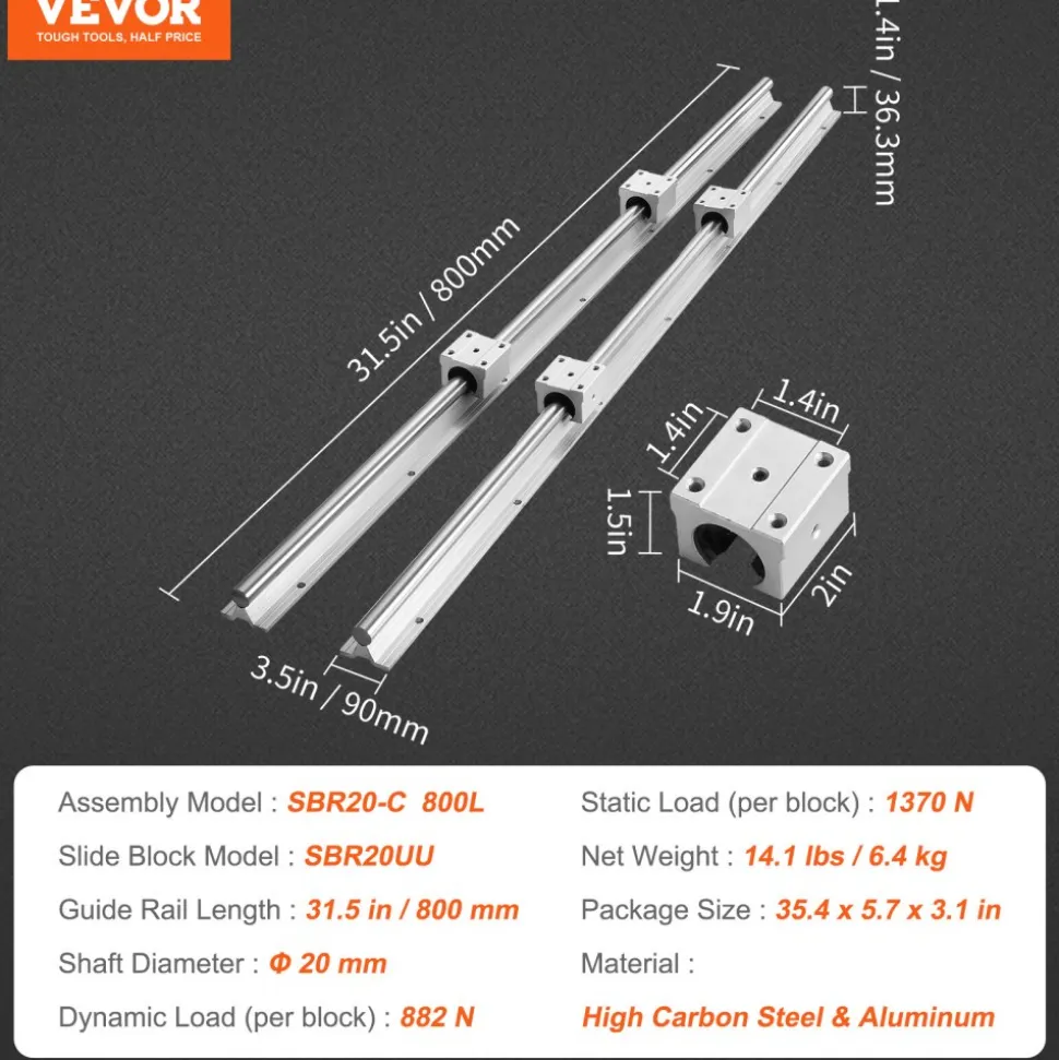 VEVOR Linear Rail Kit, SBR20 800mm, Includes 2 PCS 31.5 in SBR20 Rails & 4 PCS SBR20UU Blocks, Ideal for CNC Machines, Automation Projects, and DIY Crafts