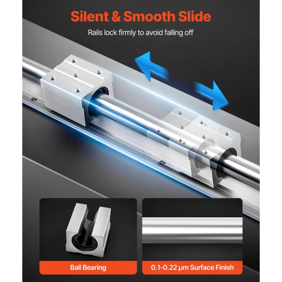 VEVOR Linear Rail Kit, SBR25, 2Pcs 1200 mm (47.24 inch) Linear Motion Guide Rails and 4Pcs Bearing Slide Blocks, Fully Supported Shaft, for Cutting, Grinding, Milling, Drilling Machines, and More