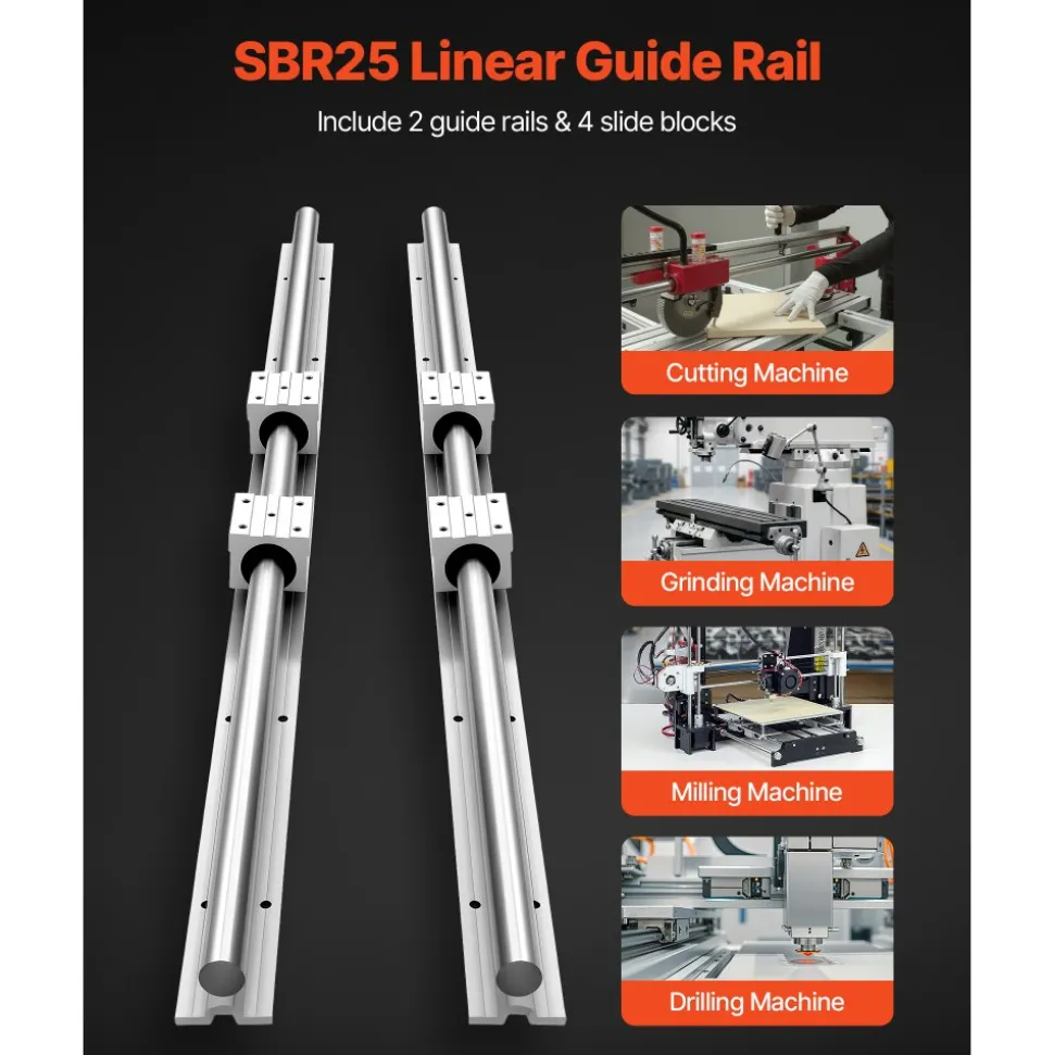 VEVOR Linear Rail Kit, SBR25, 2Pcs 1200 mm (47.24 inch) Linear Motion Guide Rails and 4Pcs Bearing Slide Blocks, Fully Supported Shaft, for Cutting, Grinding, Milling, Drilling Machines, and More