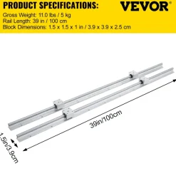 VEVOR Linear Rail, 2PCS SBR12-1000mm, Linear Guide 2 PCS Linear Guide Rails, 4 PCS Square Type Carriage Bearing Blocks, CNC Rail Linear Rails and Bearings Kit, for Automated Machines and Equipments