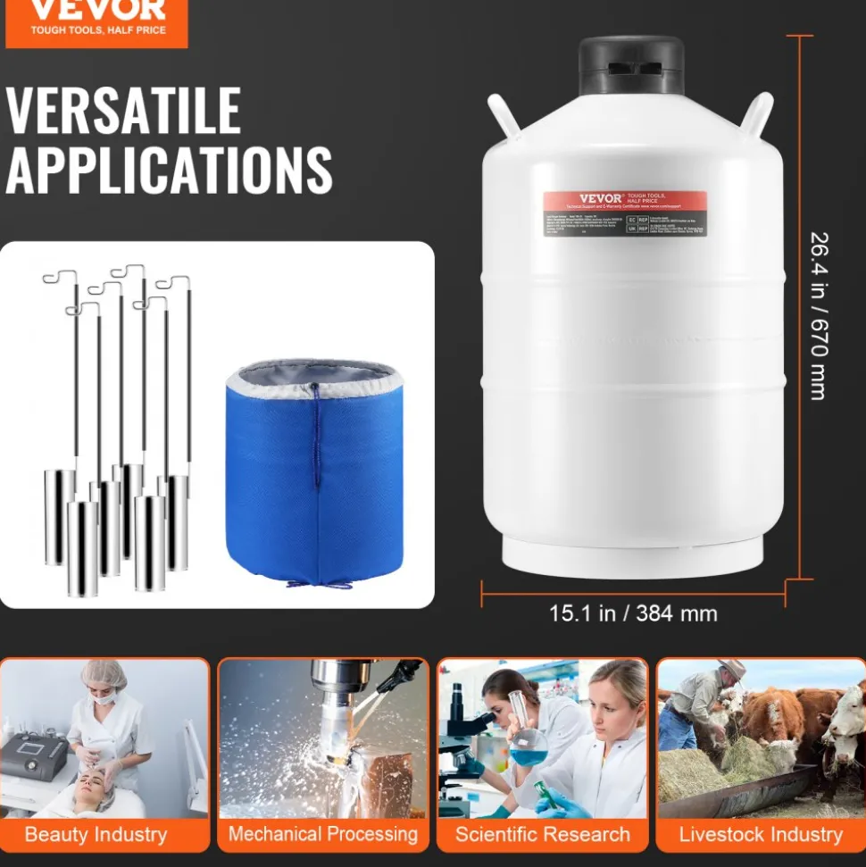 VEVOR Liquid Nitrogen Tank, 20 L Aluminum Alloy Liquid Nitrogen Container, LN2 Tank Dewar with 6 Canisters and Carry Bag with Straps, Cryogenic Tank for Beauty Industry, Semen Preservation, Scientific