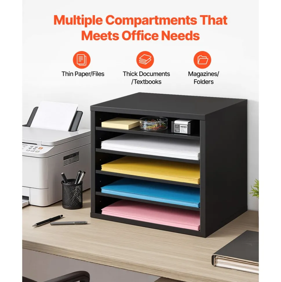 VEVOR Literature Organizer, 5 Compartments Office Mailbox with Adjustable Shelves, Wooden Mailbox Sorter with MDF, Countertop Office Home Classroom Storage Organizer for File, Document, Paper, Black