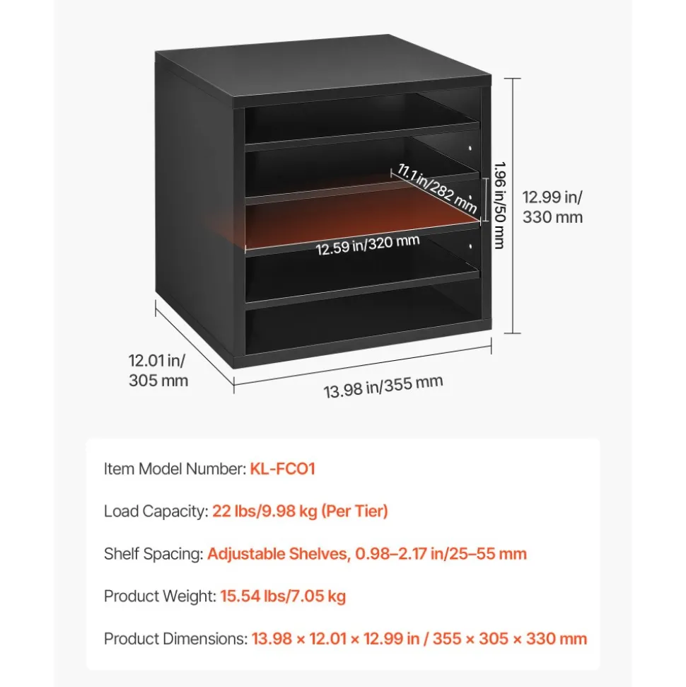 VEVOR Literature Organizer, 5 Compartments Office Mailbox with Adjustable Shelves, Wooden Mailbox Sorter with MDF, Countertop Office Home Classroom Storage Organizer for File, Document, Paper, Black