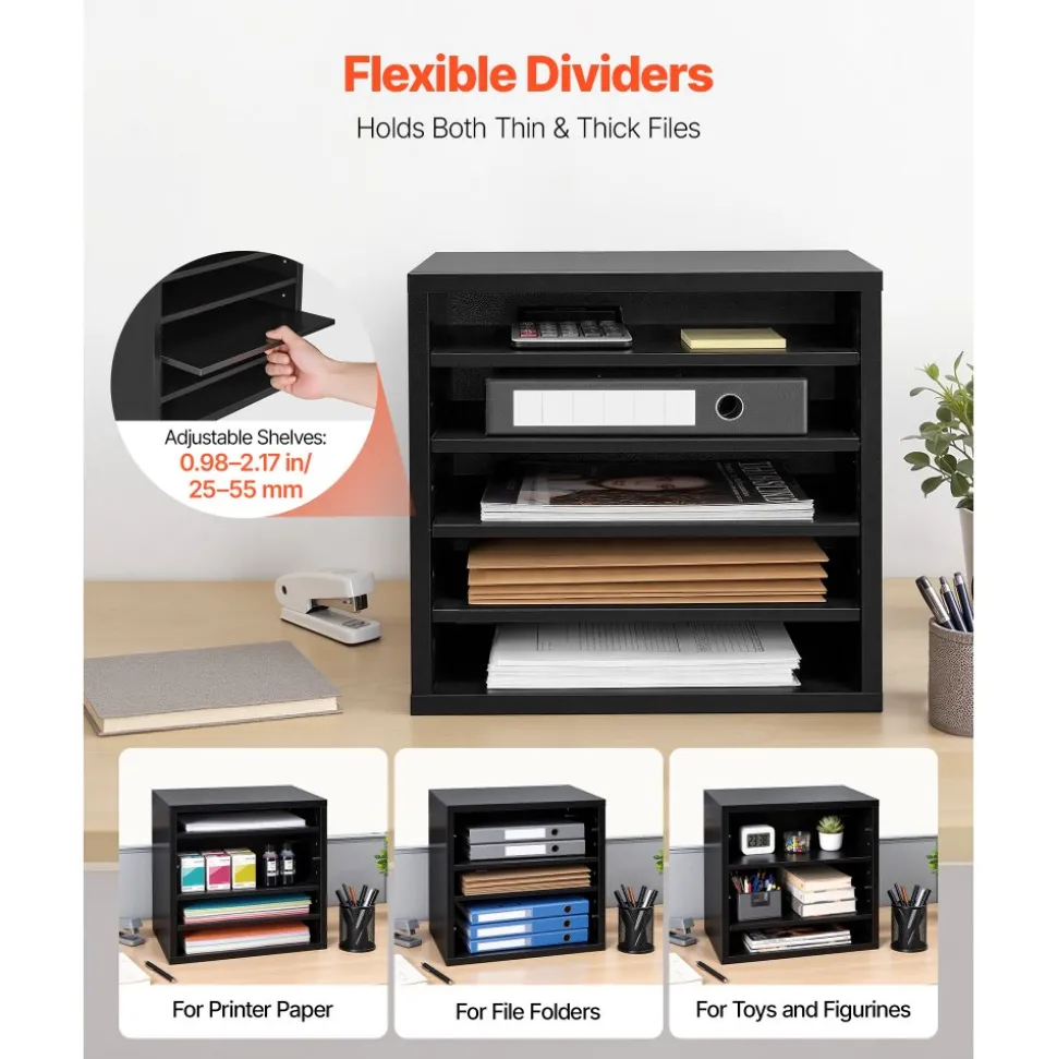 VEVOR Literature Organizer, 5 Compartments Office Mailbox with Adjustable Shelves, Wooden Mailbox Sorter with MDF, Countertop Office Home Classroom Storage Organizer for File, Document, Paper, Black