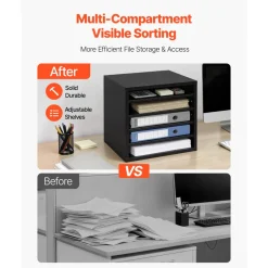 VEVOR Literature Organizer, 5 Compartments Office Mailbox with Adjustable Shelves, Wooden Mailbox Sorter with MDF, Countertop Office Home Classroom Storage Organizer for File, Document, Paper, Black