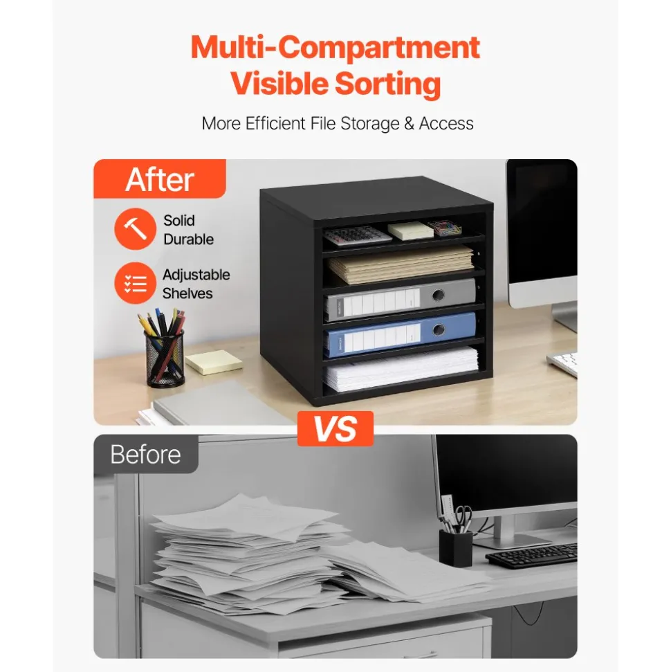 VEVOR Literature Organizer, 5 Compartments Office Mailbox with Adjustable Shelves, Wooden Mailbox Sorter with MDF, Countertop Office Home Classroom Storage Organizer for File, Document, Paper, Black