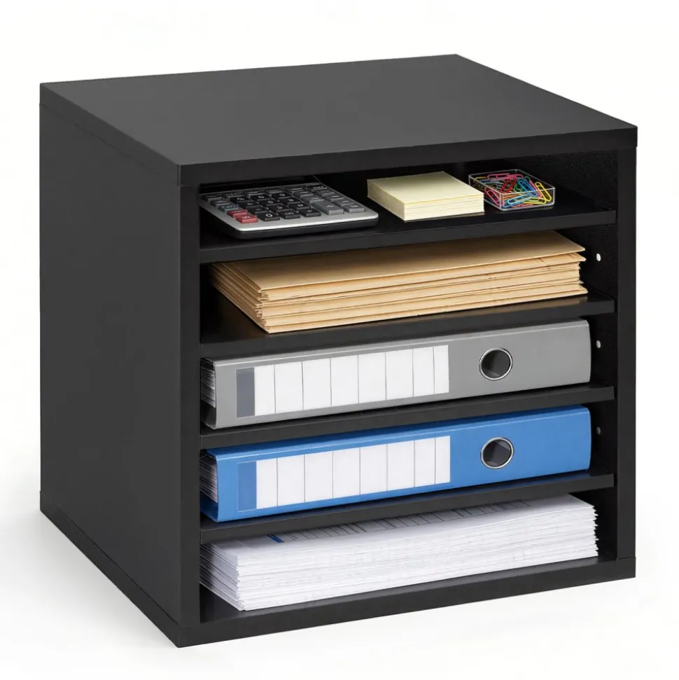 VEVOR Literature Organizer, 5 Compartments Office Mailbox with Adjustable Shelves, Wooden Mailbox Sorter with MDF, Countertop Office Home Classroom Storage Organizer for File, Document, Paper, Black