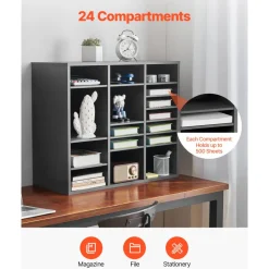 VEVOR Literature Organizer, 24 Compartments Office Mailbox with Adjustable Shelves, Wooden Mailbox Sorter Medium Density Fiberboard Office Home Classroom Storage for Files, Documents, Papers, Grey