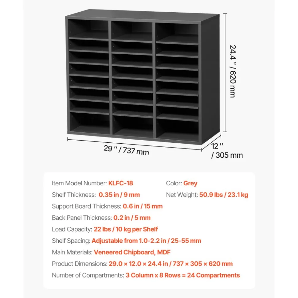 VEVOR Literature Organizer, 24 Compartments Office Mailbox with Adjustable Shelves, Wooden Mailbox Sorter Medium Density Fiberboard Office Home Classroom Storage for Files, Documents, Papers, Grey