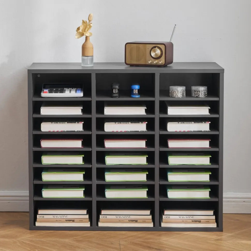 VEVOR Literature Organizer, 24 Compartments Office Mailbox with Adjustable Shelves, Wooden Mailbox Sorter Medium Density Fiberboard Office Home Classroom Storage for Files, Documents, Papers, Grey