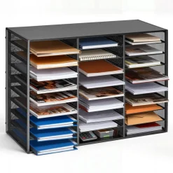 VEVOR Literature Organizer, 27 Compartments Metal Office Mailbox with Detachable Wire Mesh, Mailbox Sorter with Wooden Top, Countertop Office Home Storage Organizer for File, Document, Paper, Black