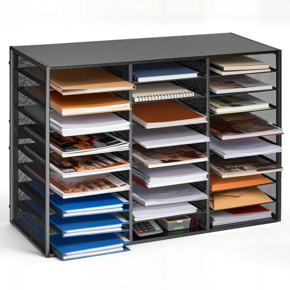 VEVOR Literature Organizer, 27 Compartments Metal Office Mailbox with Detachable Wire Mesh, Mailbox Sorter with Wooden Top, Countertop Office Home Storage Organizer for File, Document, Paper, Black