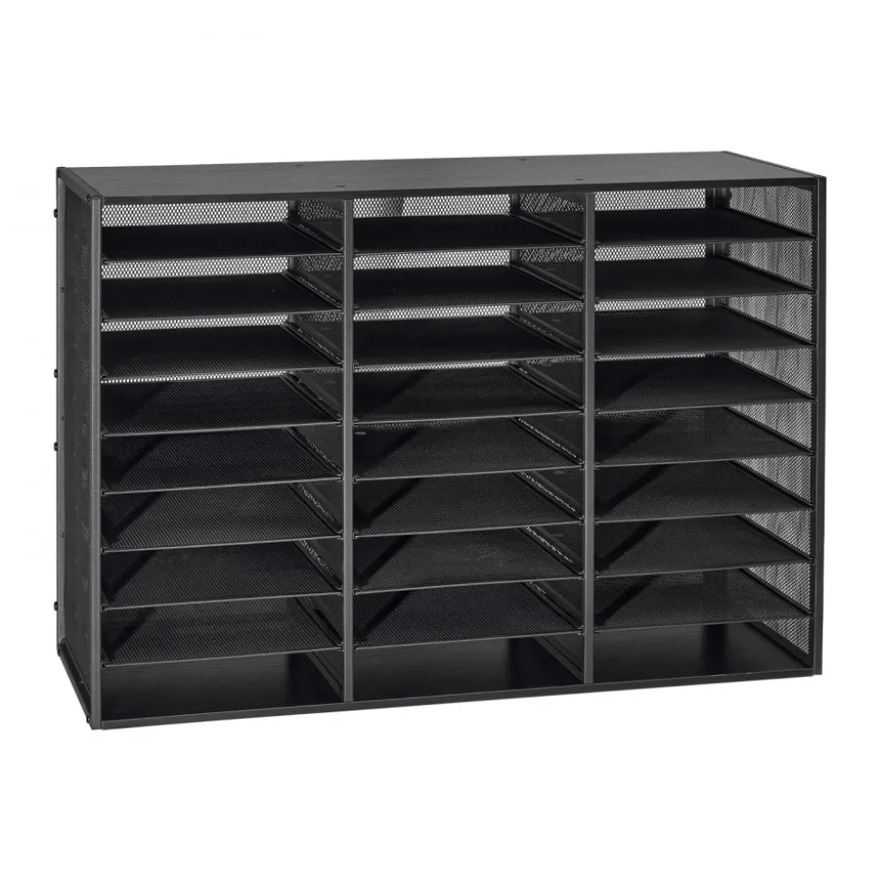 VEVOR Literature Organizer, 27 Compartments Metal Office Mailbox with Detachable Wire Mesh, Mailbox Sorter with Wooden Top, Countertop Office Home Storage Organizer for File, Document, Paper, Black