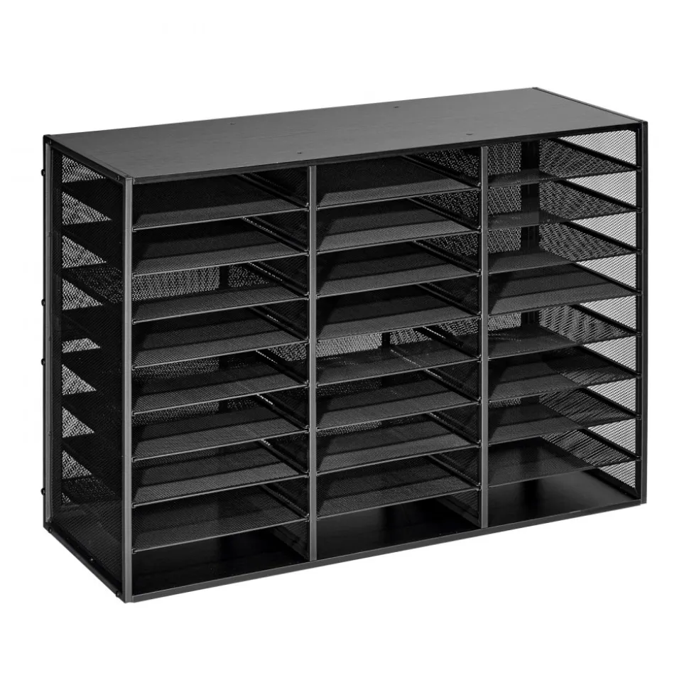 VEVOR Literature Organizer, 27 Compartments Metal Office Mailbox with Detachable Wire Mesh, Mailbox Sorter with Wooden Top, Countertop Office Home Storage Organizer for File, Document, Paper, Black