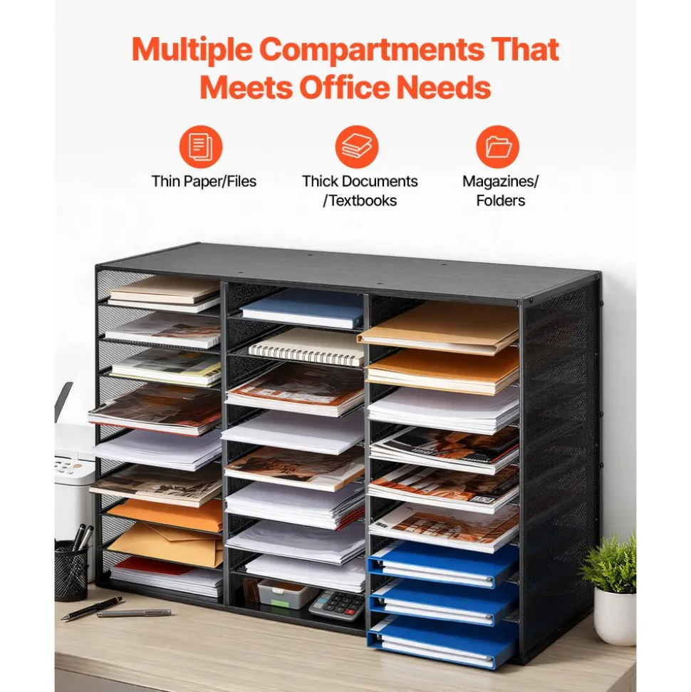 VEVOR Literature Organizer, 27 Compartments Metal Office Mailbox with Detachable Wire Mesh, Mailbox Sorter with Wooden Top, Countertop Office Home Storage Organizer for File, Document, Paper, Black