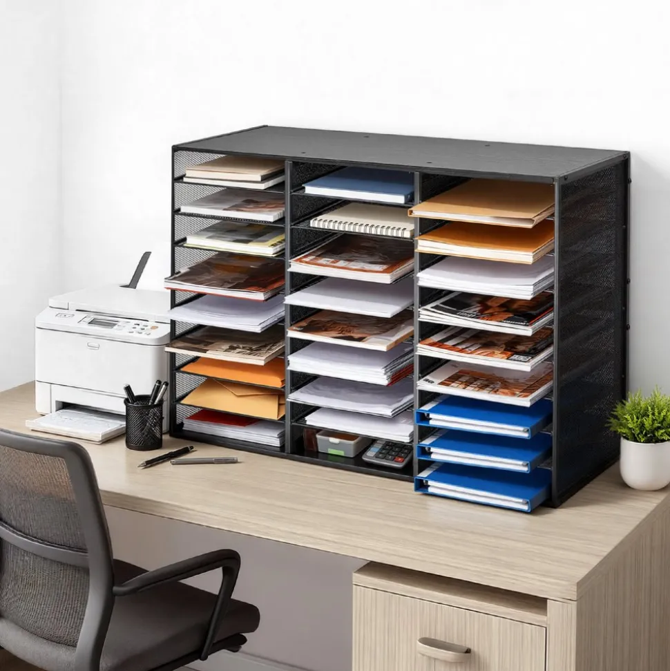 VEVOR Literature Organizer, 27 Compartments Metal Office Mailbox with Detachable Wire Mesh, Mailbox Sorter with Wooden Top, Countertop Office Home Storage Organizer for File, Document, Paper, Black