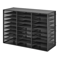 VEVOR Literature Organizer, 27 Compartments Metal Office Mailbox with Detachable Wire Mesh, Mailbox Sorter with Wooden Top, Countertop Office Home Storage Organizer for File, Document, Paper, Black