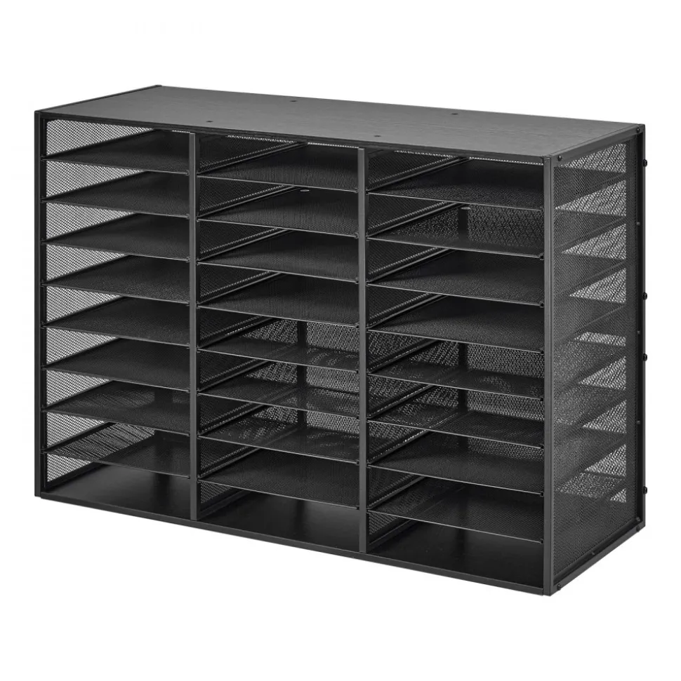 VEVOR Literature Organizer, 27 Compartments Metal Office Mailbox with Detachable Wire Mesh, Mailbox Sorter with Wooden Top, Countertop Office Home Storage Organizer for File, Document, Paper, Black