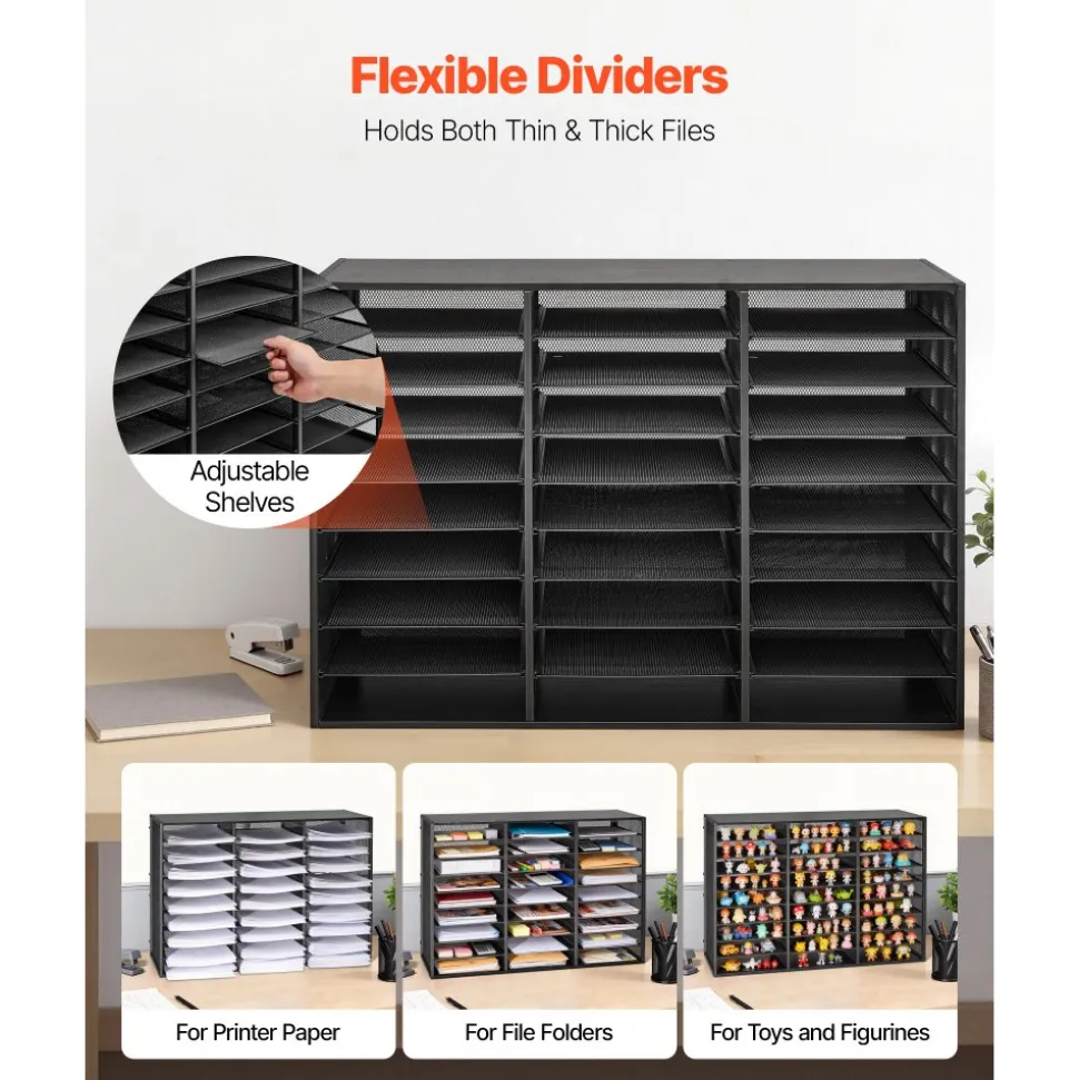 VEVOR Literature Organizer, 27 Compartments Metal Office Mailbox with Detachable Wire Mesh, Mailbox Sorter with Wooden Top, Countertop Office Home Storage Organizer for File, Document, Paper, Black