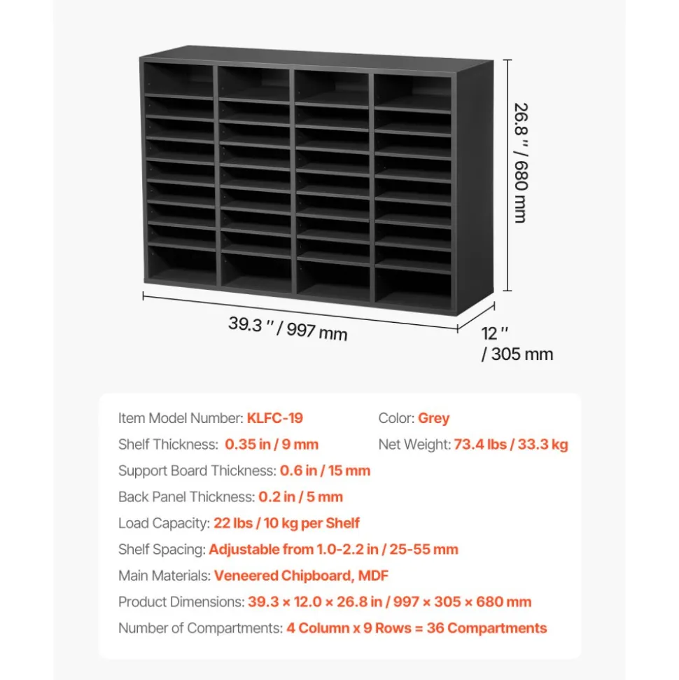 VEVOR Literature Organizer, 36 Compartments Office Mailbox with Adjustable Shelves, Wooden Mailbox Sorter Medium Density Fiberboard Office Home Classroom Storage for Files, Documents, Papers, Grey