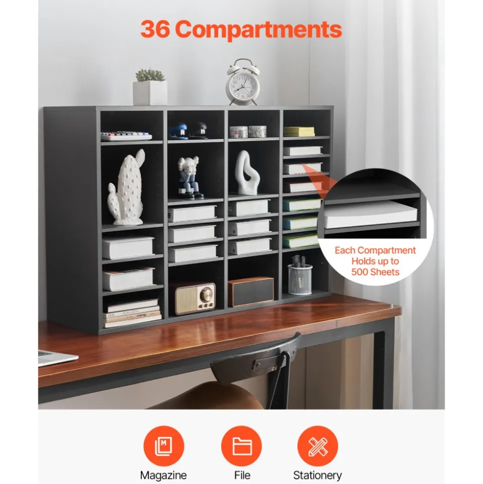 VEVOR Literature Organizer, 36 Compartments Office Mailbox with Adjustable Shelves, Wooden Mailbox Sorter Medium Density Fiberboard Office Home Classroom Storage for Files, Documents, Papers, Grey